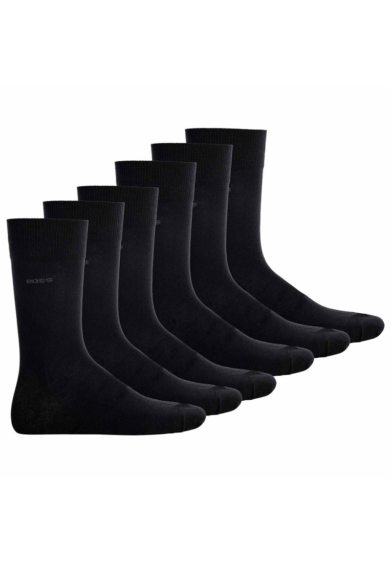 Calzini di cotone neri, set di sei; texture a coste, design fino al ginocchio, punta e tallone rinforzati, branding sottile sul lato.