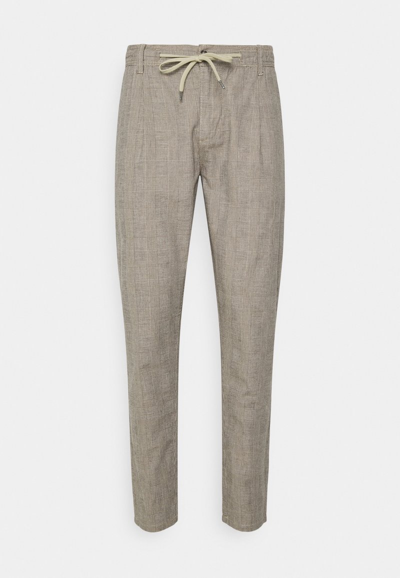 Pantalons à carreaux beiges coupe slim avec taille élastique et cordon beige, dotés de poches latérales et de passants pour ceinture.