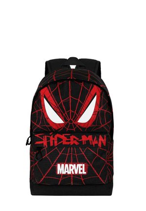 Mochila negra con un diseño de Spider-Man, que presenta patrones de telaraña rojos y grandes ojos blancos. "SPIDER-MAN" y "MARVEL" impresos en rojo y blanco.