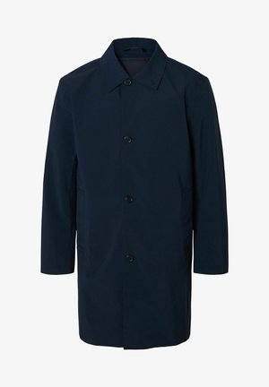 Manteau marine en tissu lisse, avec col cranté, cinq boutons et deux poches latérales. Coupe droite classique et manches longues.