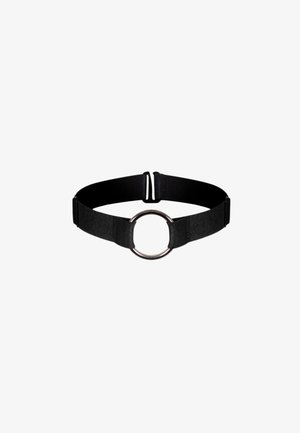 Black elastic belt featuring a circular metallic ring at the center, adjustable on both sides with a sleek, minimalist design.
