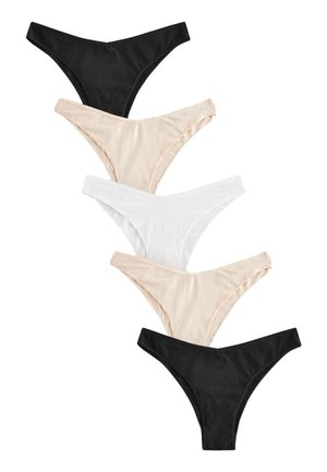 Öt női bikini stílusú fehérnemű fekete, bézs, fehér, bézs és fekete színekben, függőlegesen egymásra helyezve fehér háttéren.