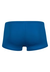 Blue men's swim trunks with a snug fit, crafted from smooth, elastic material. Features a seamless design and mid-thigh cut.