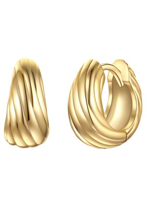 Goldene Creolen mit einem verdrehten Design. Glatte, reflektierende Oberfläche mit geschwungenen, geschichteten Mustern. Verfügt über einen sicheren Klappverschluss.