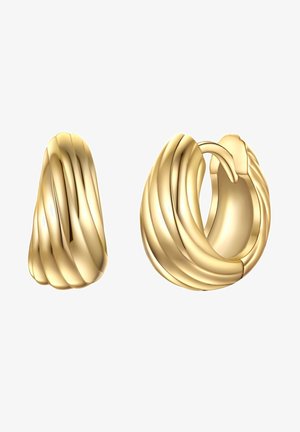 Goldene Creolen mit einem verdrehten Design. Glatte, reflektierende Oberfläche mit geschwungenen, geschichteten Mustern. Verfügt über einen sicheren Klappverschluss.
