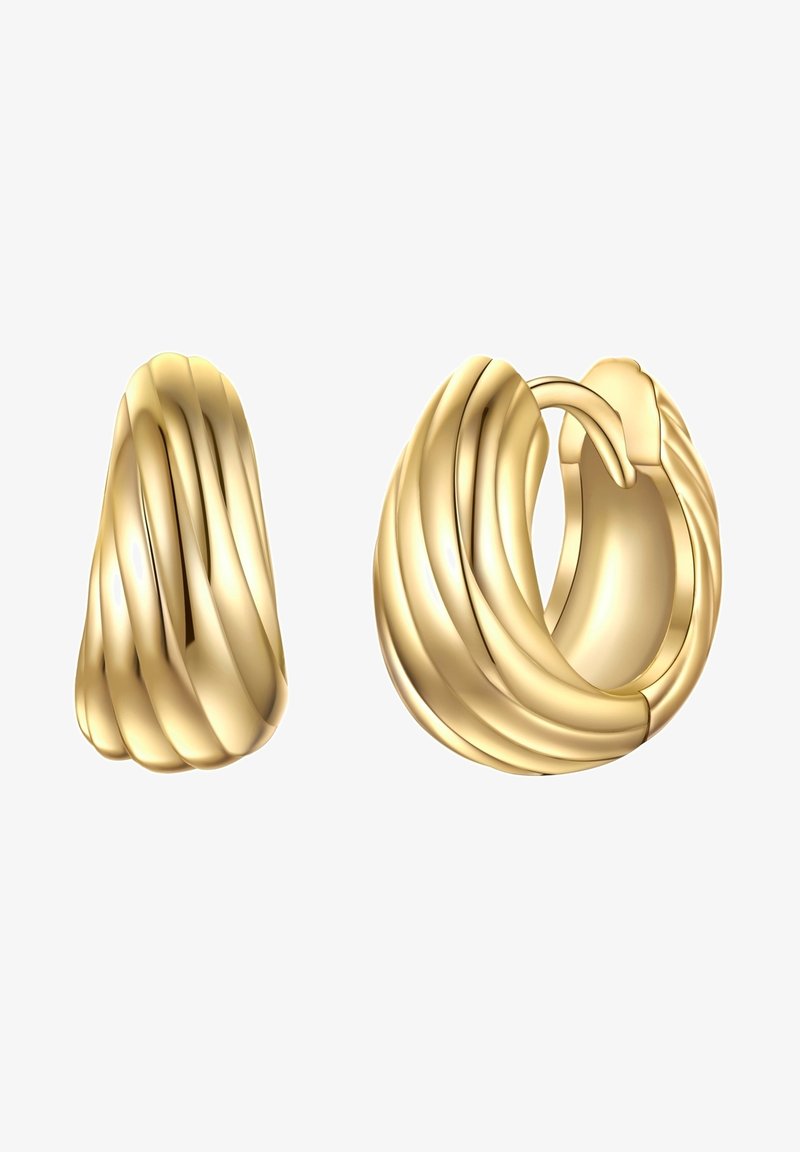 Zlate uhane s kovanjem, ptičjo zasnovo. Gladka, odsevna površina s krožnimi, plastičnimi vzorci. Imajo varno zaponko na tečaju.