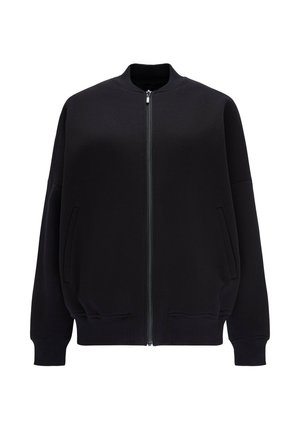 Czarna kurtka bombowca wykonana z gładkiego materiału. Posiada zamek błyskawiczny z przodu, ściągacze na rękawach, dwie boczne kieszenie oraz prosty design bez wzorów.