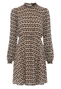 Hnědo-beige šatičky se vzorem, s vysokým výstřihem, dlouhými nabíranými rukávy, elastickým pasem a volným, splývavým střihem.