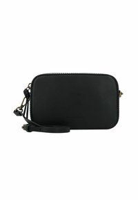 Borsa a tracolla in pelle nera con forma rettangolare, dotata di chiusura con zip, logo impresso e tracolla rimovibile.