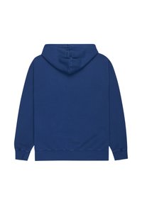 Navy blue hoodie featuring a kangaroo pocket, ribbed cuffs, and hem. Made of soft fabric with a plain texture and adjustable hood.