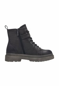 Černá kožená kotníková bota se zipem na boku, šněrováním, páskem a silnou gumovou podrážkou.
