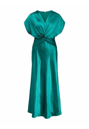 Teal satin dress with twisted knot at waist, V-neckline, short batwing sleeves, and a flowing ankle-length skirt.