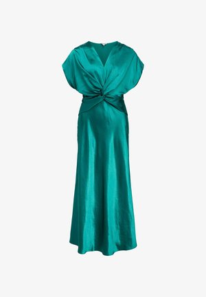 Teal satin dress with twisted knot at waist, V-neckline, short batwing sleeves, and a flowing ankle-length skirt.