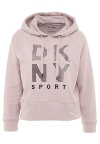 Sweat à capuche rose clair avec un logo "DKNY SPORT" noir à pois sur le devant, coupe décontractée et tissu doux.