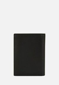 Portefeuille en cuir noir à texture lisse, forme rectangulaire et design minimaliste. Présente une couture discrète le long du bord.