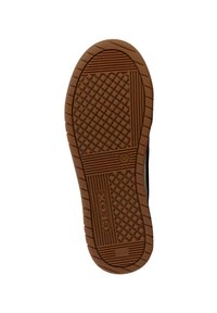 Suola in gomma marrone con una texture a motivo, caratterizzata da una fascia centrale con il marchio "GEOX" e molte piccole sporgenze per la presa.