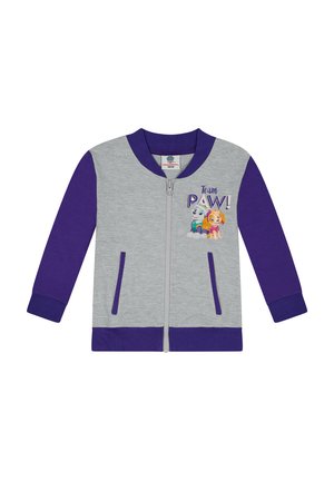 Grijze zip-up jas met paarse mouwen en accenten. Voorzien van twee voorkant zakken en een "Team PAW!" grafiek met cartoonfiguren.