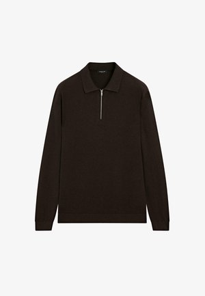 Maglietta polo a maniche lunghe marrone scuro con mezza zip argento e colletto classico, esposta su uno sfondo bianco.