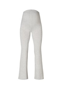 Grijze geribbelde gebreide flared broek met een elastische tailleband. Bevat een textuurstof en heeft een relaxte pasvorm, die iets taps toeloopt naar de zoom.