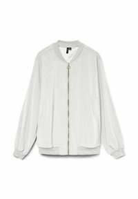 Veste bomber gris clair avec fermeture éclair frontale, col et poignets côtelés, et poches latérales. Texture lisse avec une coupe décontractée.