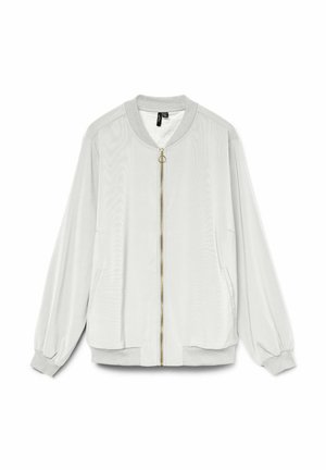 Světle šedá bomber bunda se zapínáním na přední zip, žebrovaným límcem a manžetami a bočními kapsami. Hladká textura s volným střihem.