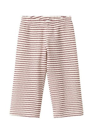 Pantalon en tricot avec taille élastique, couleur crème avec fines rayures horizontales rouges, jambes larges, longueur raccourcie.