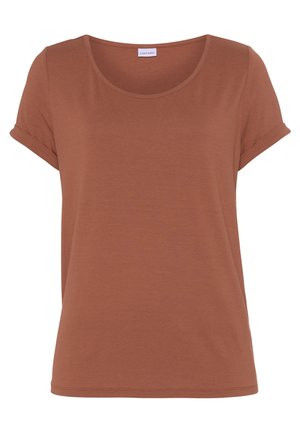 Braunes Kurzarm-T-Shirt aus weichem Stoff, mit runder Halslinie und aufgeschlagenen Ärmeln für eine lässige Passform. Keine sichtbaren Muster oder Akzente.