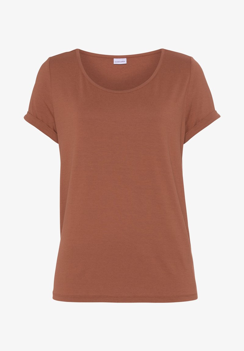 Braunes Kurzarm-T-Shirt aus weichem Stoff, mit runder Halslinie und aufgeschlagenen Ärmeln für eine lässige Passform. Keine sichtbaren Muster oder Akzente.