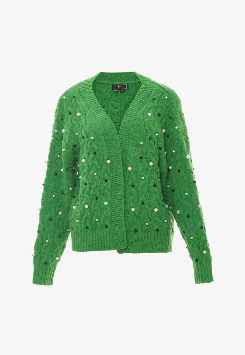 Grön stickad cardigan med ett kabelmönster, dekorerad med vita och svarta pärlor, med v-ringning och öppen front.