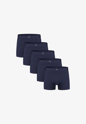 Five pairs of dark blue men's boxer briefs arranged diagonally, each with a small emblem on the waistband center.