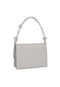 Sac à main en cuir gris avec une forme rectangulaire structurée, présentant un détail en noeud sur la poignée et une surface lisse et texturée.