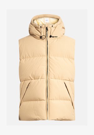 Beige Puffer-Weste mit Kapuze, Frontreißverschluss und zwei Seitentaschen. Hergestellt aus steppstoff, zeichnet sie sich durch eine glatte Textur und eine abgerundete Form aus.