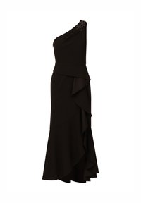 Czarna sukienka na jedno ramię z warstwami falbanek i ozdobnym detalem na ramieniu. Wykonana z miękkiego materiału, z dopasowaną talią.