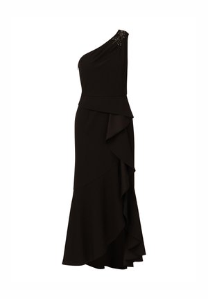 Czarna sukienka na jedno ramię z warstwami falbanek i ozdobnym detalem na ramieniu. Wykonana z miękkiego materiału, z dopasowaną talią.