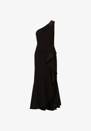 Zwarte een-schouder jurk met gelaagde ruffles en versieringen op de schouder. Gemaakt van zachte stof, met een aansluitende taille.