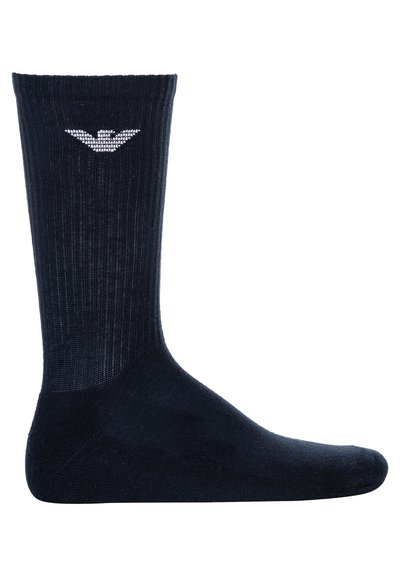 Calzini a coste color navy con una texture liscia, caratterizzati da un piccolo logo bianco vicino alla parte superiore. Larghezza standard con punta e tallone rinforzati.