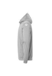 Grijze hooded jack met een gladde textuur, voorzien van een logo op de linker mouw, voorzakken en geribbelde manchetten en zoom.