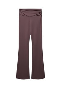 Ausgestellte Leggings in einem tiefen Mauve-Ton aus einem weichen, dehnbaren Stoff mit gerafftem Bunddetail. Glatte Textur über das gesamte Kleidungsstück.