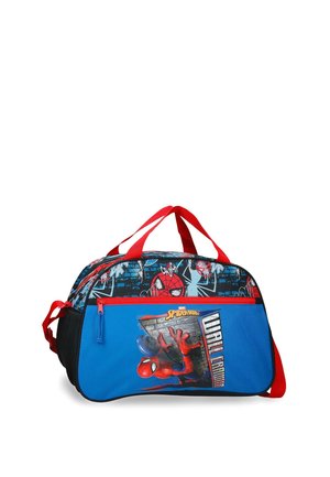 Bolsa deportiva azul y negra de Spider-Man con asas rojas, bolsillo delantero con cremallera y gráfico de Spider-Man escalando una pared.