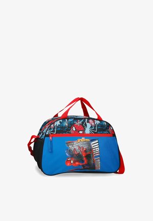 Blau-schwarze Spider-Man Sporttasche mit roten Griffen, vorderer Reißverschlusstasche und Spider-Man-Grafik, die eine Wand erklimmt.
