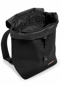 Black backpack made of durable fabric, featuring a roll-top closure, adjustable straps, and an external zippered pocket.