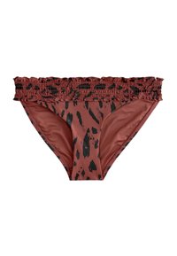 Bikiniunderdel i rost röd med svart djurmönster, utrustad med en volangmidja. Tillverkad av mjukt, elastiskt tyg för komfort och passform.