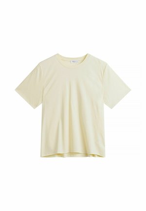 Kremfarvet kortærmet crew neck t-shirt, ensfarvet design, let løs pasform, vist fladt på hvid baggrund.