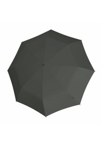 Donkergroene paraplu met een gladde, matte textuur en acht driehoekige panelen. Beschikt over een centrale knop en verstevigde ribben.