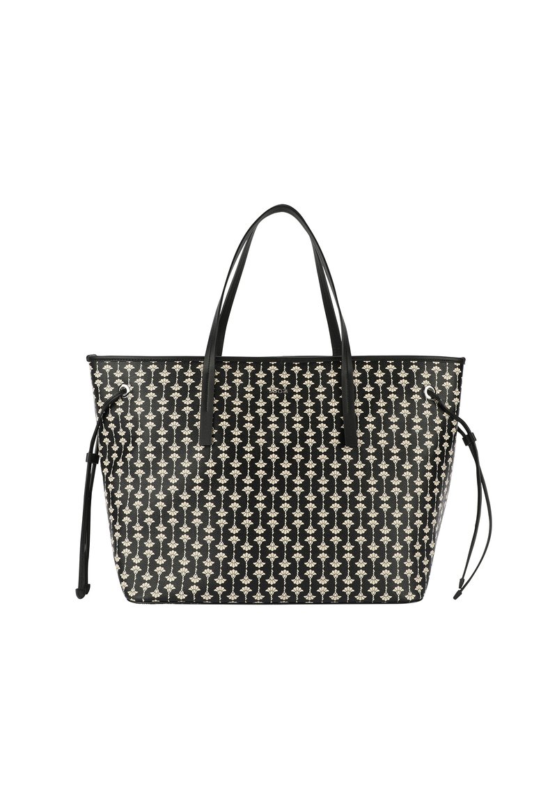 Borsa tote nera con un motivo floreale bianco ripetuto, doppio manico nero e una struttura robusta. I dettagli laterali regolabili ne aumentano la funzionalità.