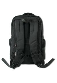 Sac à dos en tissu noir avec des bretelles rembourrées, un dos en mesh, des boucles réglables et des poches zippées sur les côtés pour le rangement. Design simple et fonctionnel.