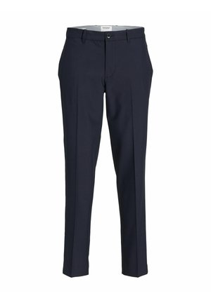 Navy blue tailored trousers made of smooth fabric, featuring a button closure, straight legs, and front crease detail.