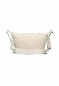 Gestepptes beige Umhängetasche mit Chevron-Muster, verstellbarem Stoffgurt und silbernem Hardware; verfügt über einen Reißverschlussverschluss oben.