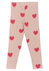 Beige bordázott leggings, melyek szórt piros szívmintákkal és mosolygó arcokkal díszítettek, kellemes anyagból készültek a komfort és a szabad mozgás érdekében.