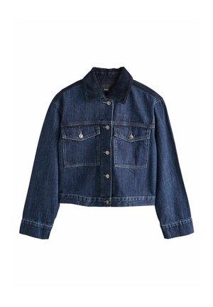 Cropped denim jacket in dark blue with a classic collar, button closure, two chest pockets, and silver metal buttons. Textured fabric.